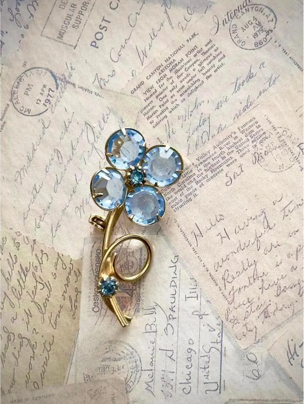 Vintage Blue Crystal Floral Brooch • Gold-Tone Pin • Romantic Heirloom Jewelry